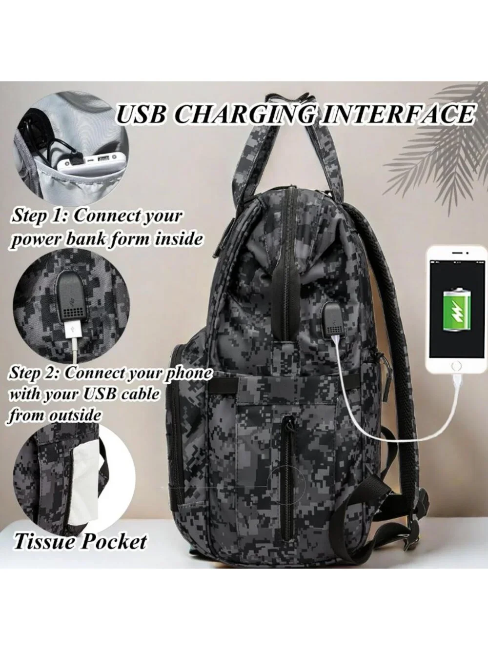 Stylish Diaper Bag Backpack with USB Port, Stroller Straps & Insulated Pocket
